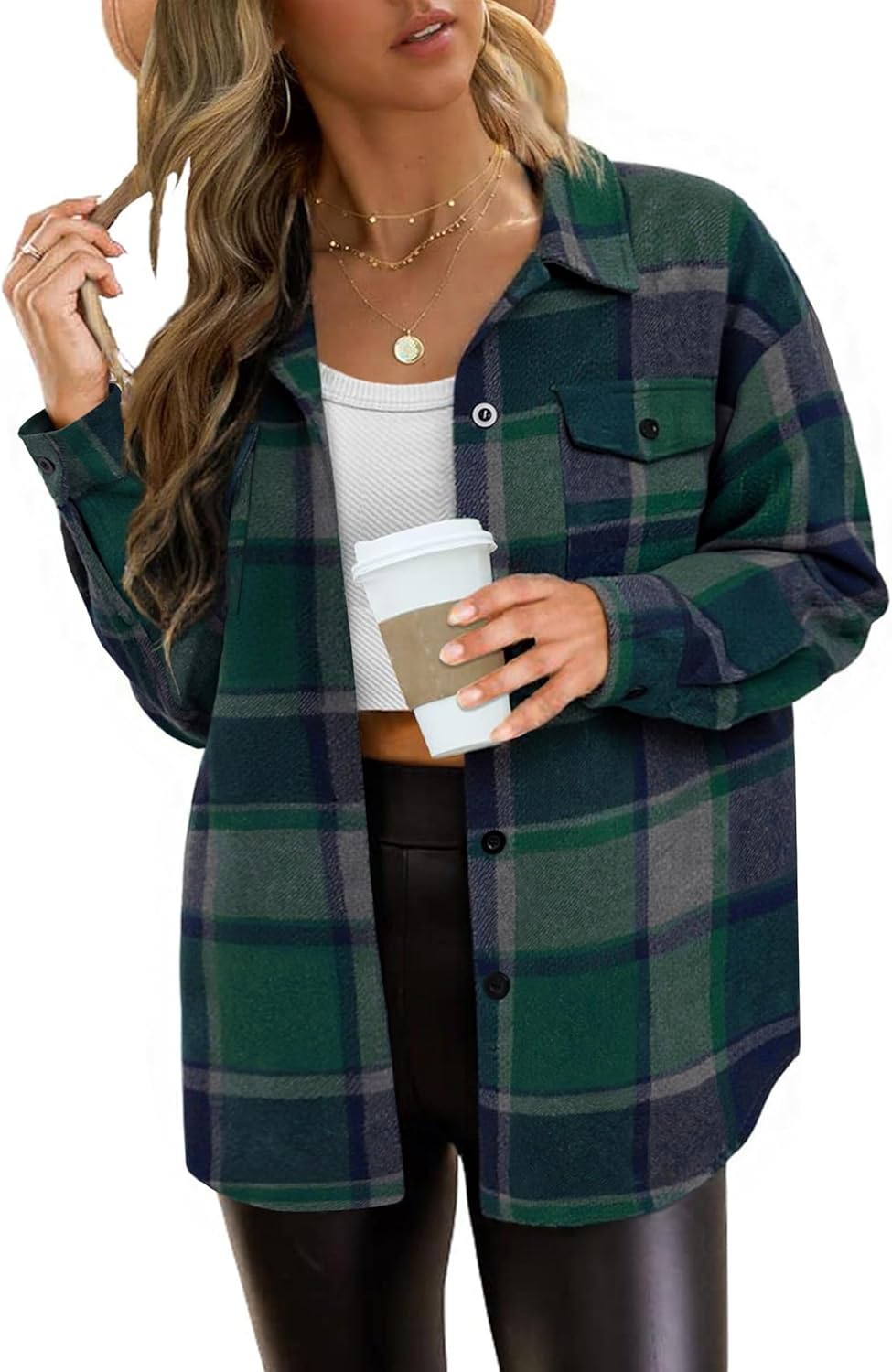 Trendy Queen Womens Flannel Shacket Casual Jacket Plaid Button Down Long Sleeve Shirt Fall Winter Outfits