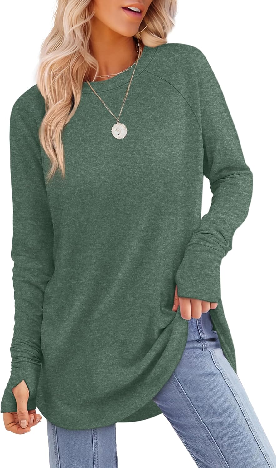 XIEERDUO Womens Tunic Tops to Wear with Leggings Long Sleeve Thumb Hole Shirts Crew Neck Curved Hem