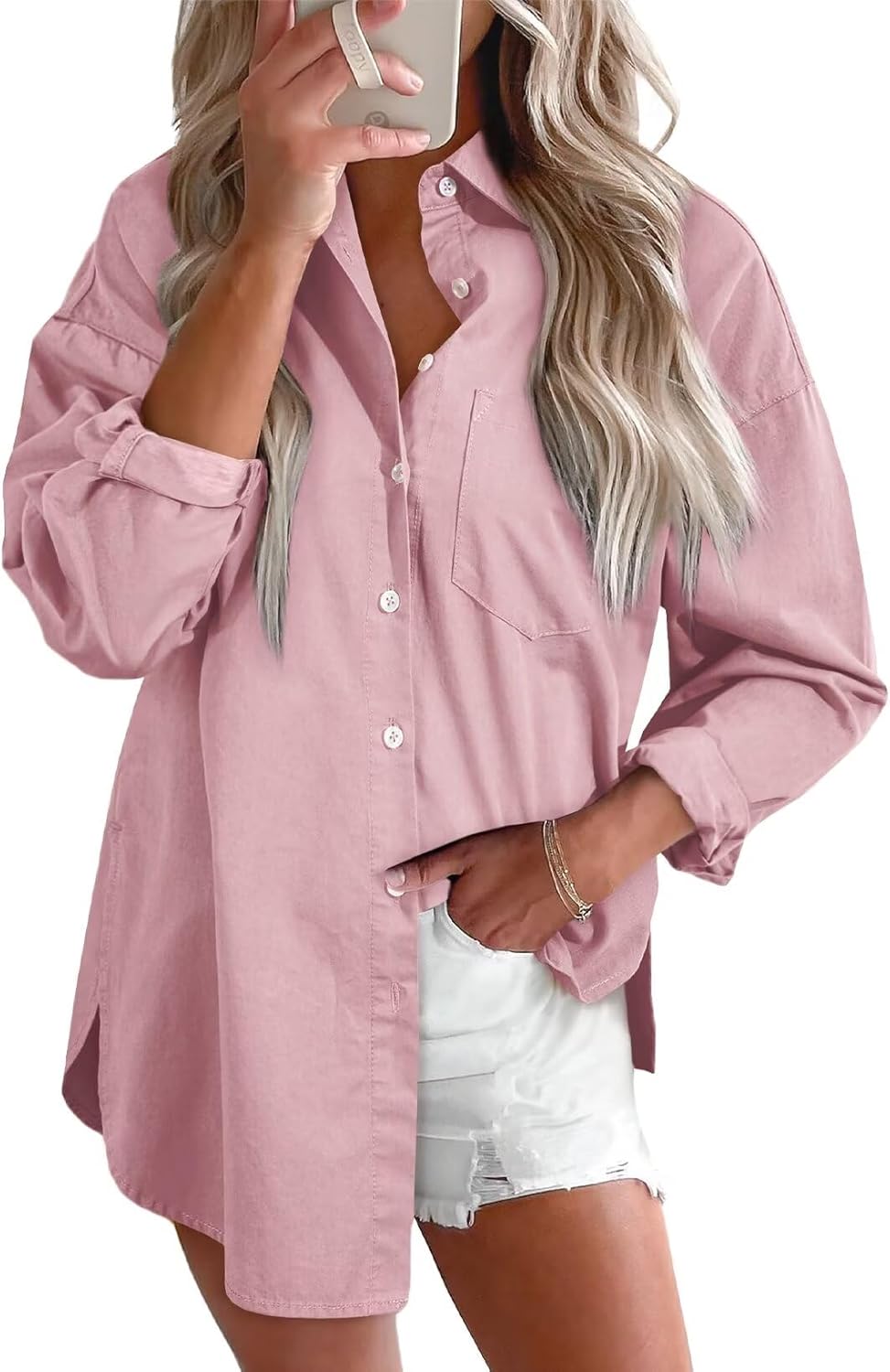Astylish Women Denim Shirts Button Down Blouse V Neck Casual Tops