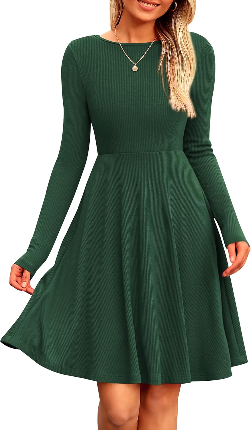 PRETTYGARDEN Women's Fall Short Dress Ribbed Knit Crewneck Long Sleeve A Line Flowy Casual Elegant Going Out Winter Dresses