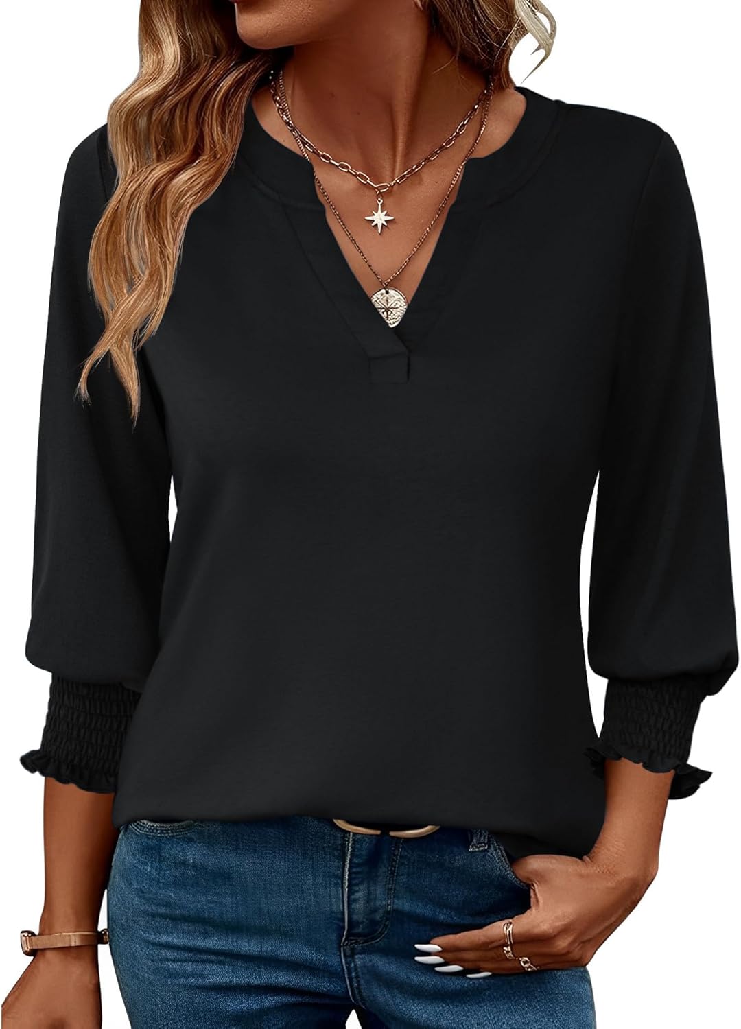 LOMON Women's 2025 Fashion Tops 3/4 Length Sleeve Business Casual Blouses Summer Tees Shirts