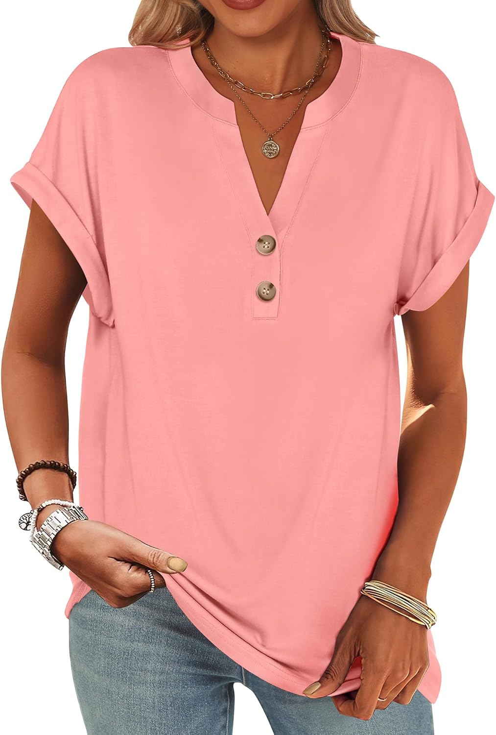 ANRABESS Womens Short Sleeve Henley Tops V Neck Dressy Casual Blouses Summer Trendy Tee Shirts 2025 Vacation Fashion Clothes