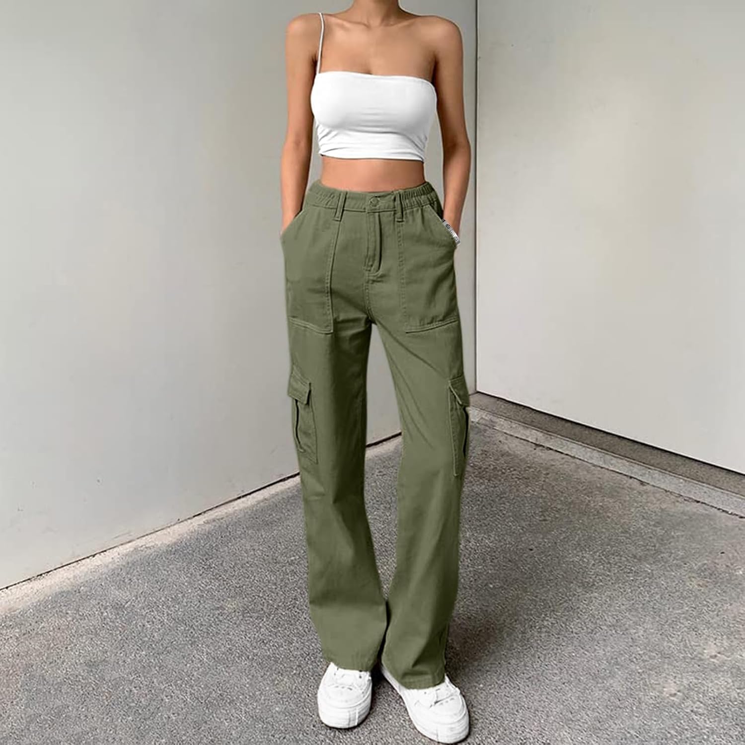Lepunuo Cargo Pants for Women High Waisted Casual Pants Baggy Stretchy Wide Leg Y2K Streetwear with 6 Pockets