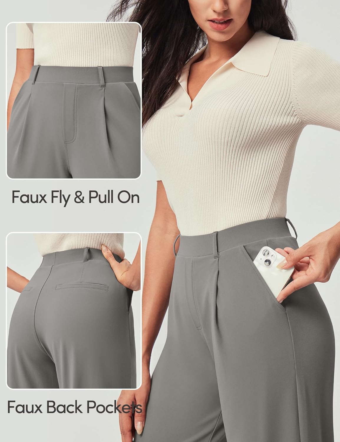 IUGA Womens Dress Pants Wide Leg Pull On Stretchy Work Pants Women High Waisted Business Casual Trousers with Pockets