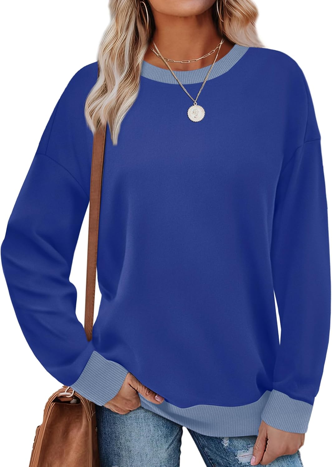 Saloogoe Sweatshirts for Women Crewneck Long Sleeve Loose Fit Tops Color Block Ribbed Trim Fashion 2025