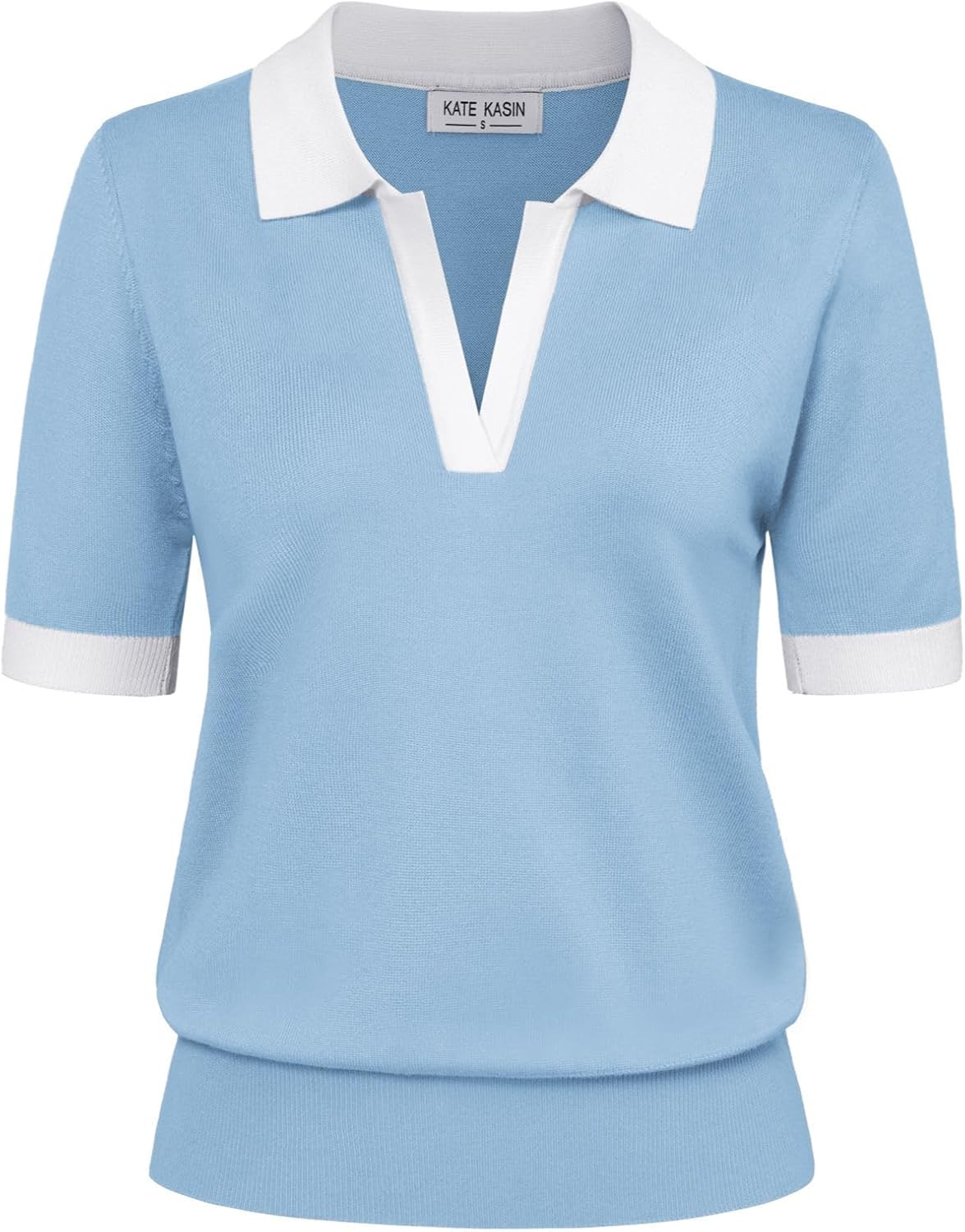 Kate Kasin Women Short Sleeve Polo Sweater V Neck Knitted Tops Casual Ribbed Shirt Loose Pullover Sweater