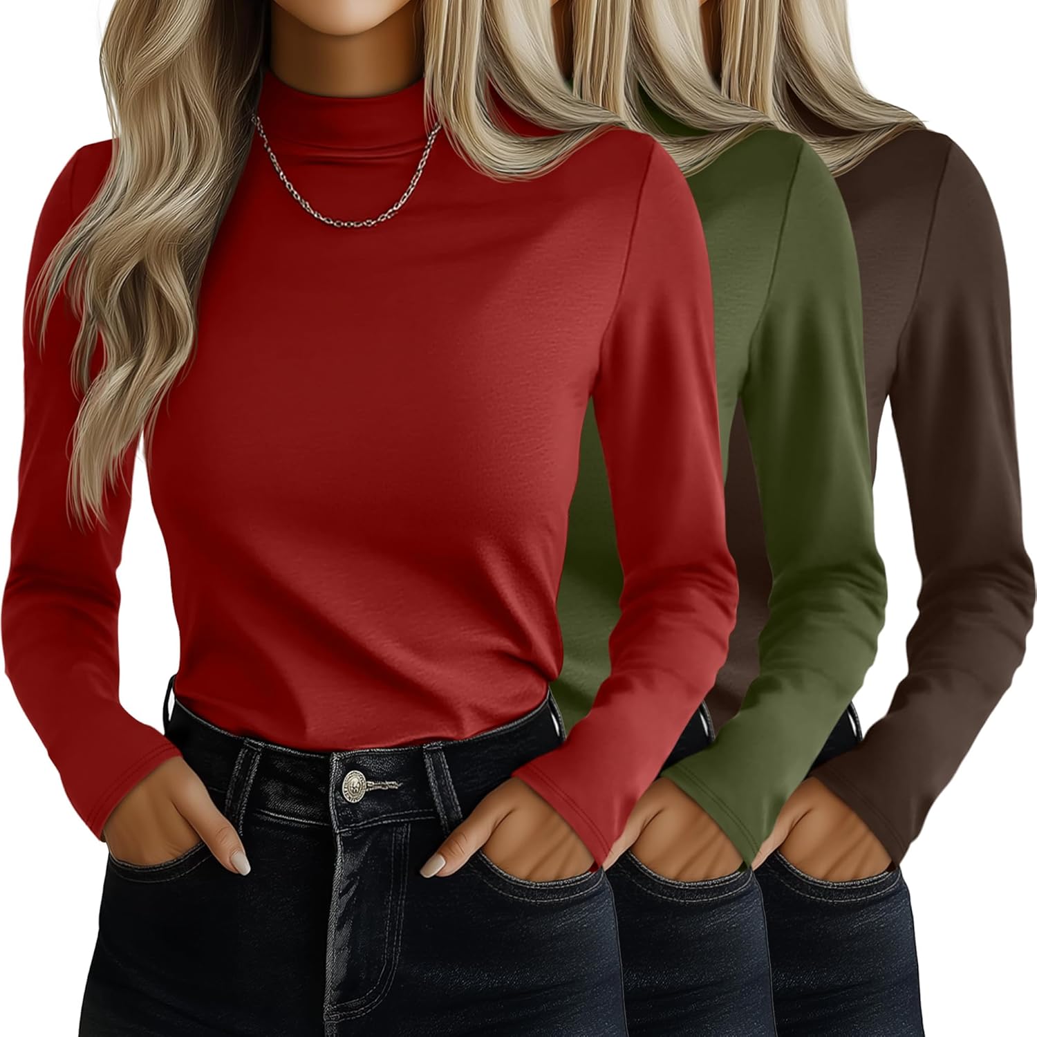 Ficerd 3 Pack Women's Mock Turtleneck Shirts, Long Sleeve Mock Neck Pullover Tops Slim Fitted Stretch Undershirt Tee Blouse