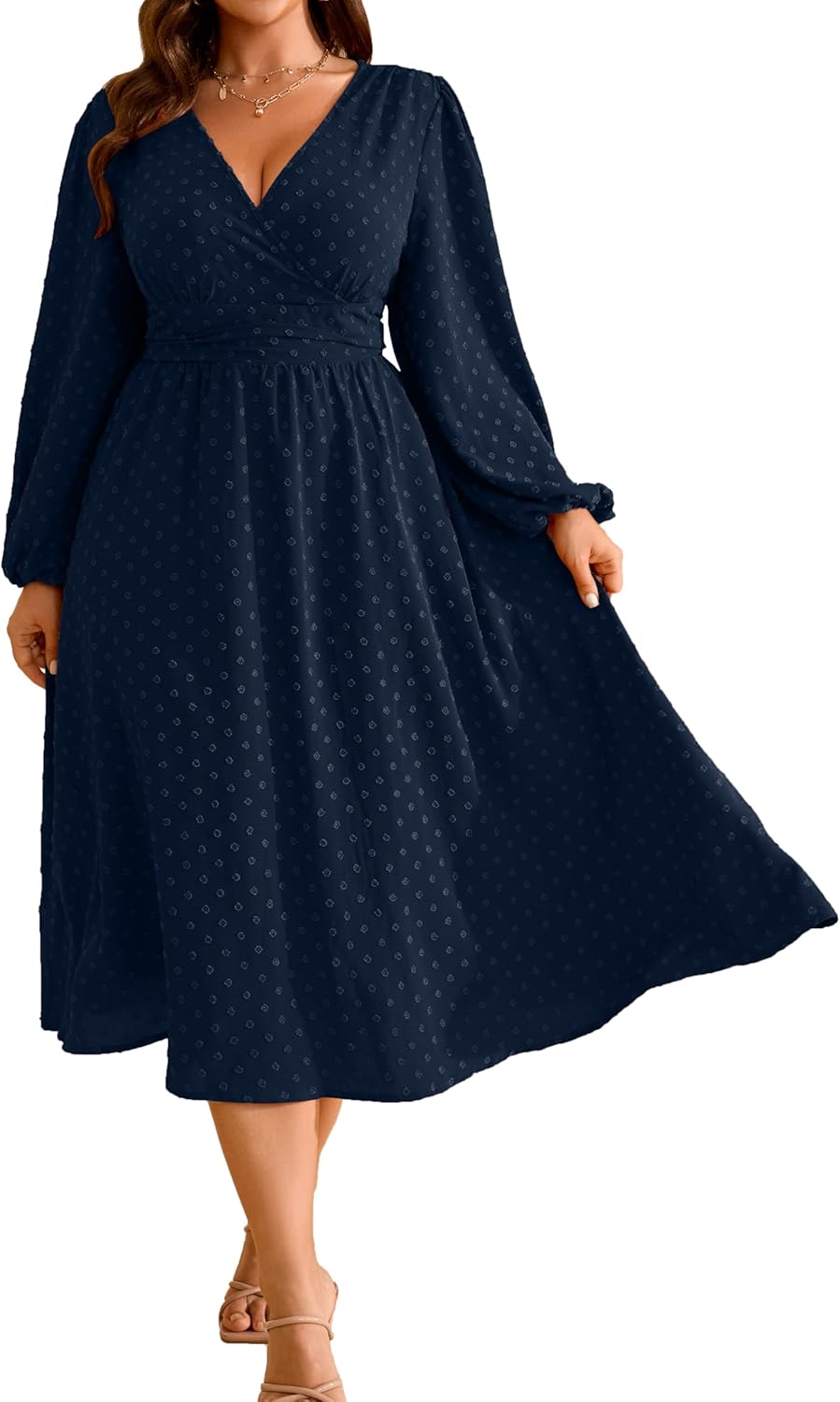 RWJ Women's Plus Size Fall Wedding Guest Dress Wrap V Neck Swiss Dot Lantern Long Sleeve Swing Boho Casual Dresses