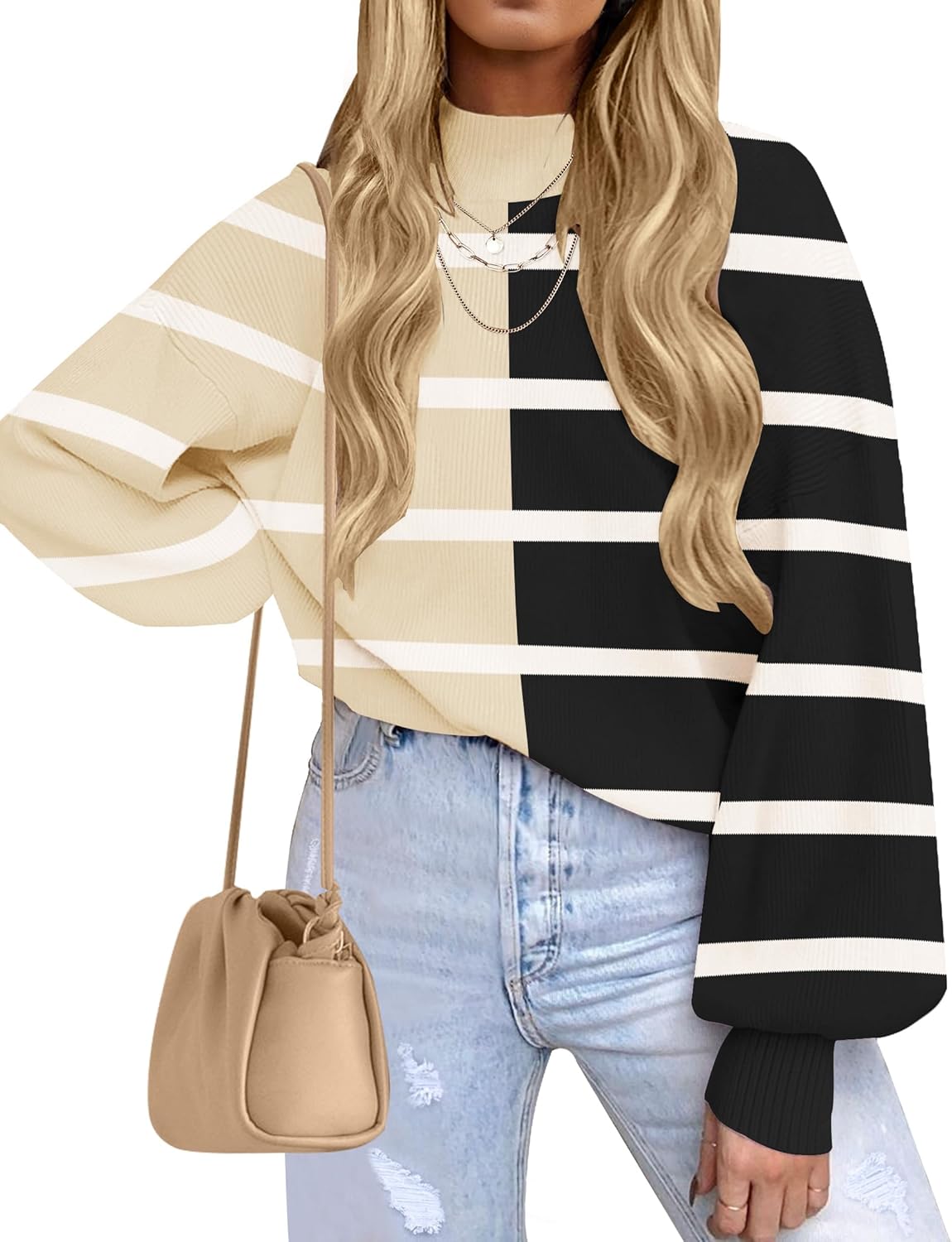 ZESICA Women's 2025 Fall Fashion Turtleneck Long Sleeve Striped Ribbed Knit Loose Pullover Sweater Tops