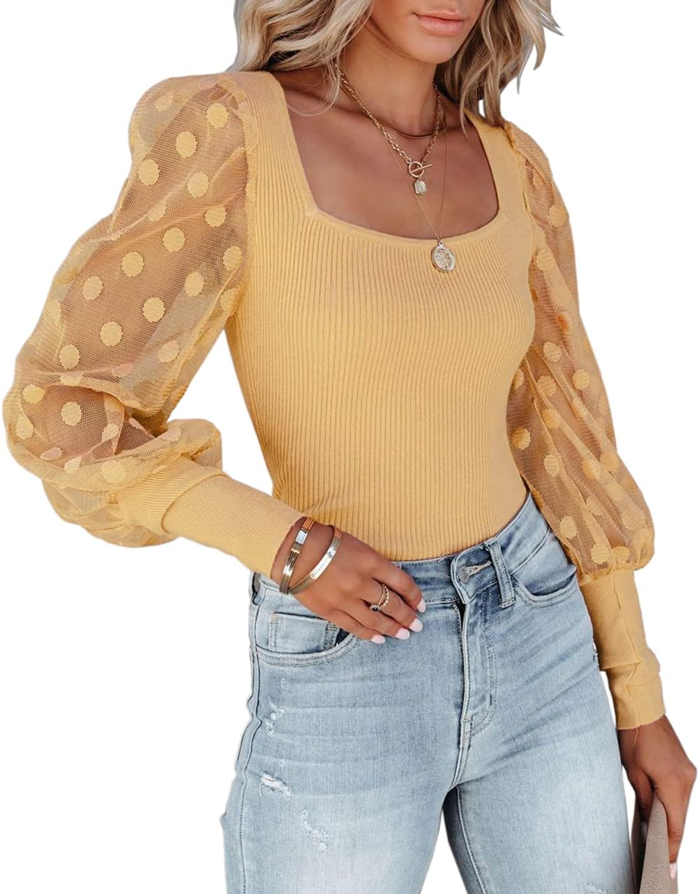 miduo Womens Tops Square Neck Polka Dot Balloon Long Sleeve Top Shirts Slim Knit Ribbed Tops Blouses