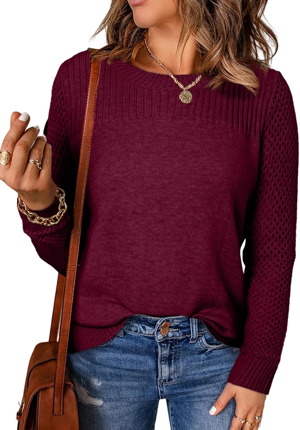 EVALESS Womens Sweaters Casual Long Sleeve Crewneck Cable Knit Lightweight Oversized Crochet Sweater Pullover Tops
