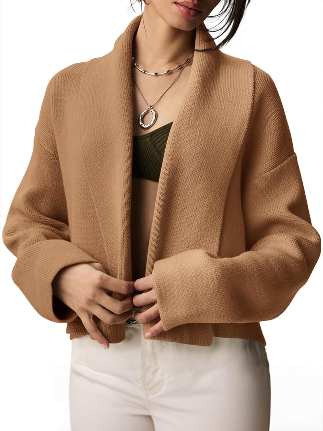 Saodimallsu Womens Cropped Cardigan Open Front Shawl 2025 Fall Trendy Long Sleeve Sweater Jacket