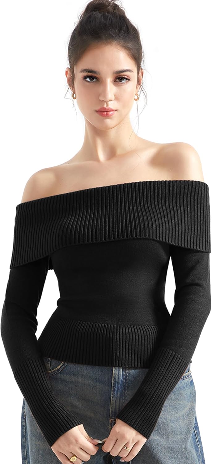 SUUKSESS Women Off Shoulder Sweaters Long Sleeve Ribbed Knit Going Out Fall Tops Blouse