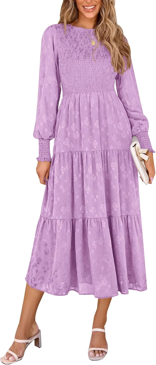 PRETTYGARDEN Women's Fall Spring Midi Dress Long Sleeve Floral Smocked Elegant Wedding Guest Long Flowy Dresses with Pockets