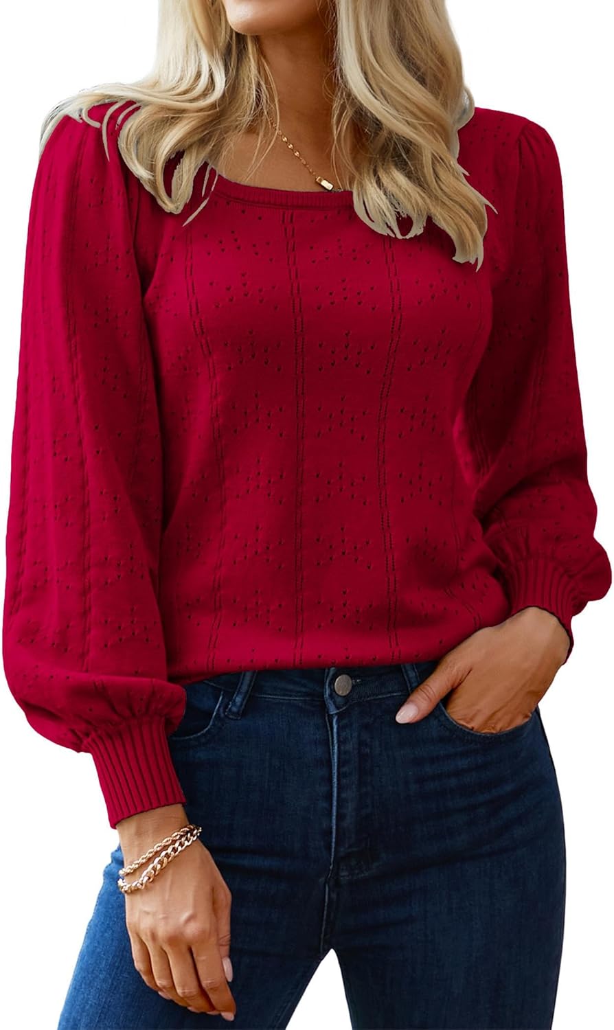 HOTOUCH Sweaters for Women 2025 Fall Trendy Tops Casual Puff Sleeve Square Neck Cute Tunic Pullover Blouses XS-XXL