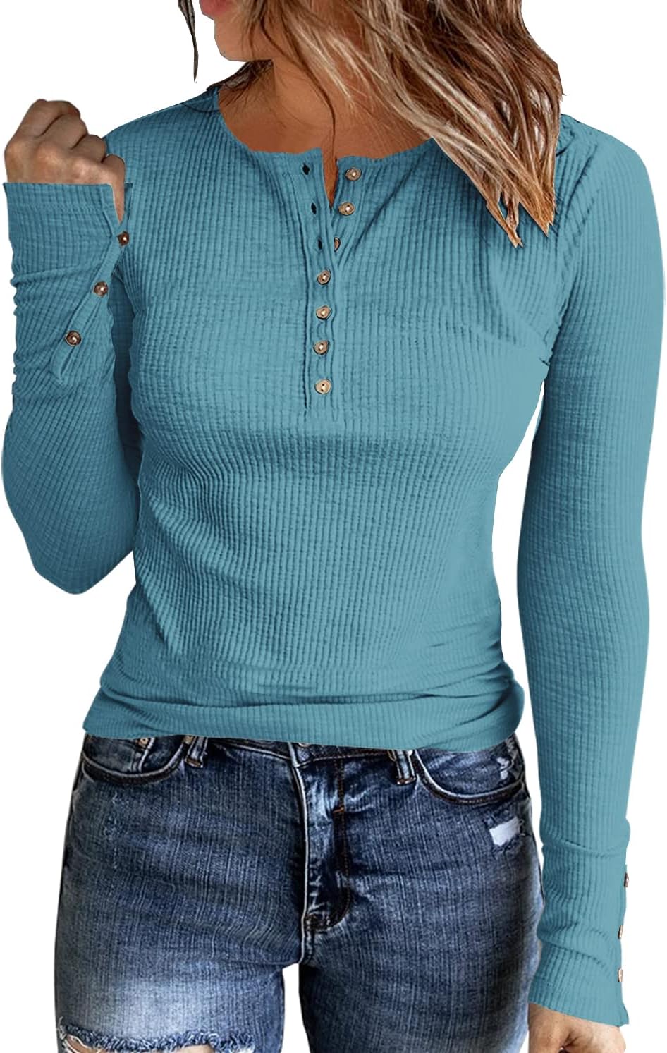 Womens Long Sleeves Ribbed Knit Tunic Shirts Scoop Neck Button Down Tops Casual Henley Tee Shirt Slim Fit Blouses