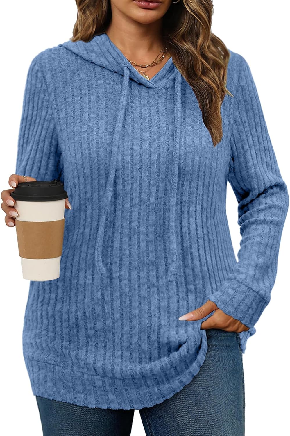 Womens Plus Size Lightweight Ribbed Knit Hoodie Sweaters Casual Long Sleeve Pullover Tops for Fall Winter L-4XL