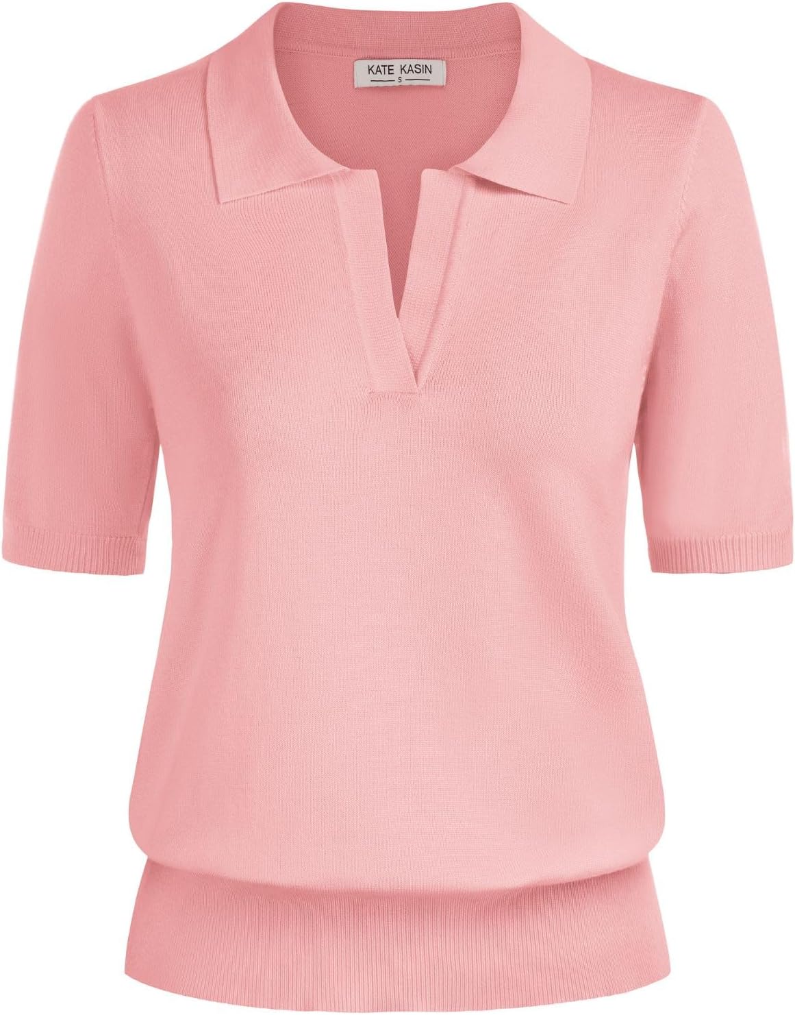 Kate Kasin Women Short Sleeve Polo Sweater V Neck Knitted Tops Casual Ribbed Shirt Loose Pullover Sweater
