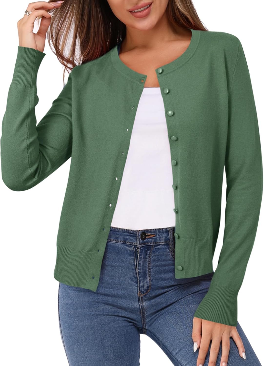 Newshows Women's Lightweight Button Down Cardigan Long Sleeve Casual Crew Neck Soft Knit Cardigans Sweater Tops