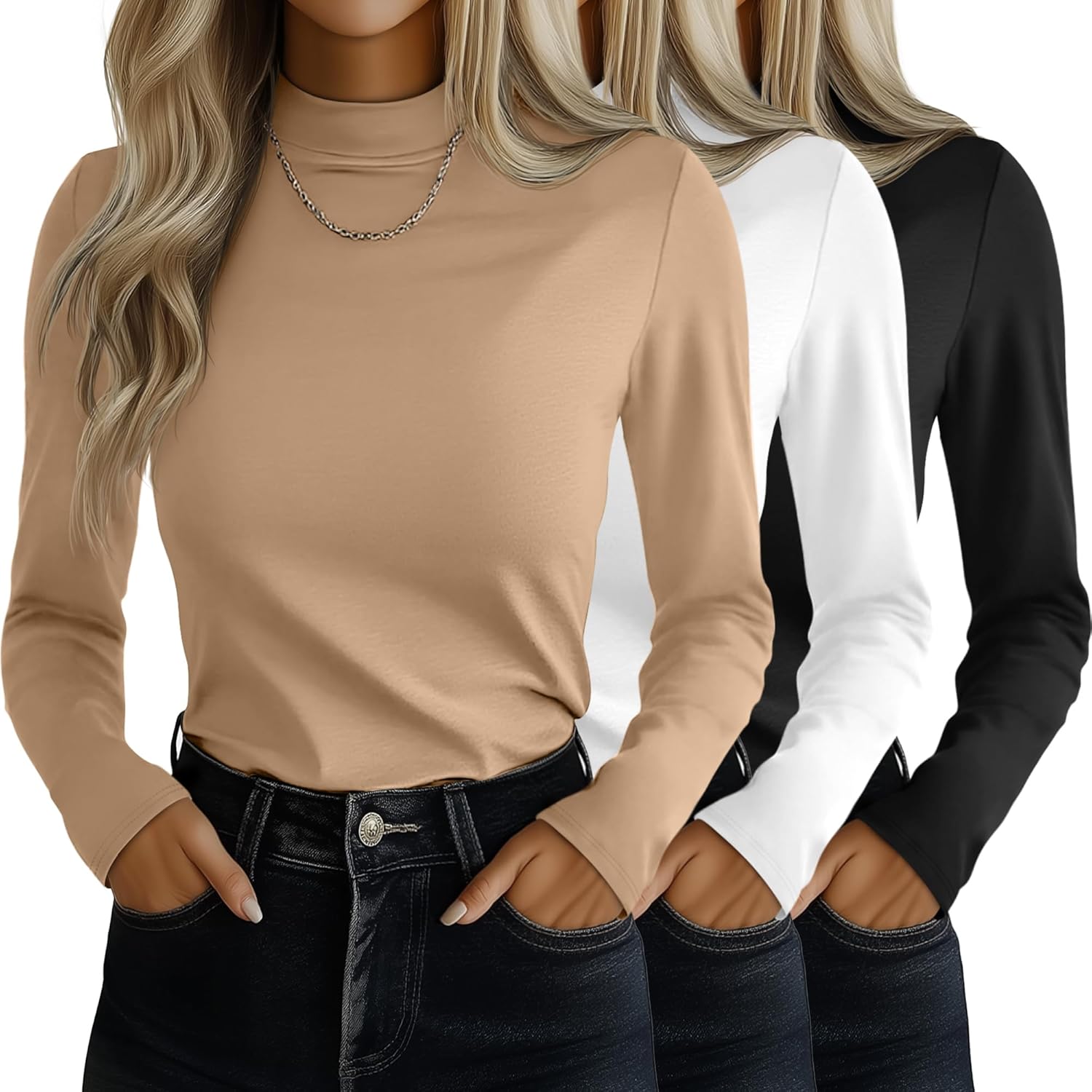 Ficerd 3 Pack Women's Mock Turtleneck Shirts, Long Sleeve Mock Neck Pullover Tops Slim Fitted Stretch Undershirt Tee Blouse