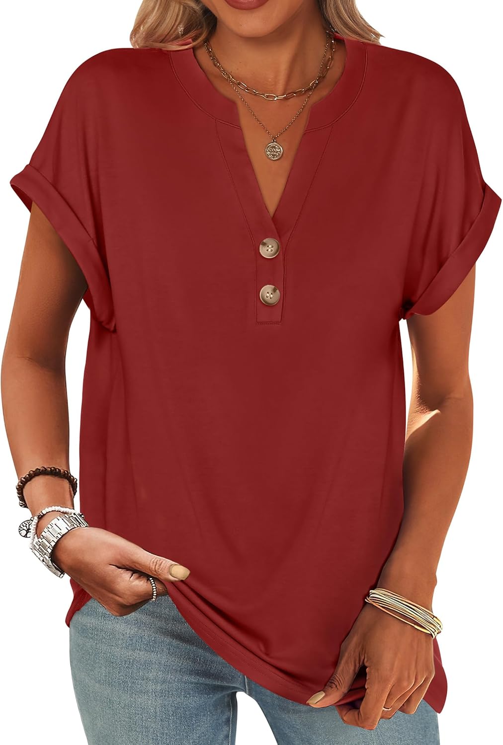 ANRABESS Womens Short Sleeve Henley Tops V Neck Dressy Casual Blouses Summer Trendy Tee Shirts 2025 Vacation Fashion Clothes