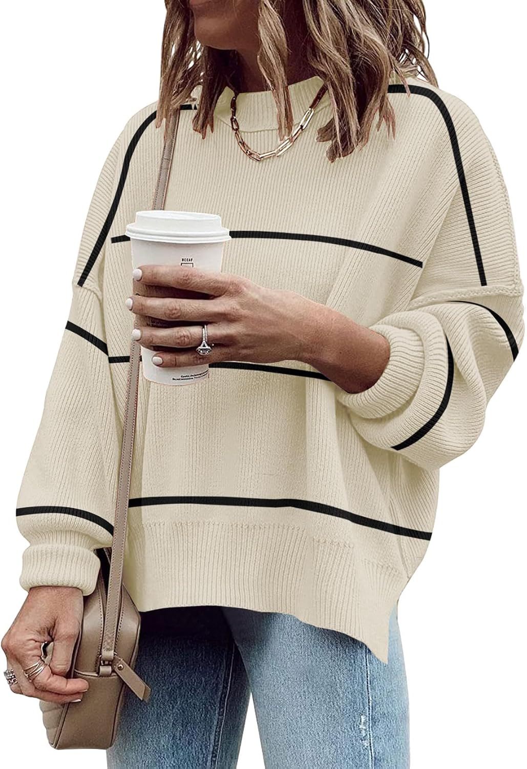 Women's Oversized Crewneck Sweaters Batwing Long Sleeve Side Slit Ribbed Knit Pullover Sweater Tops