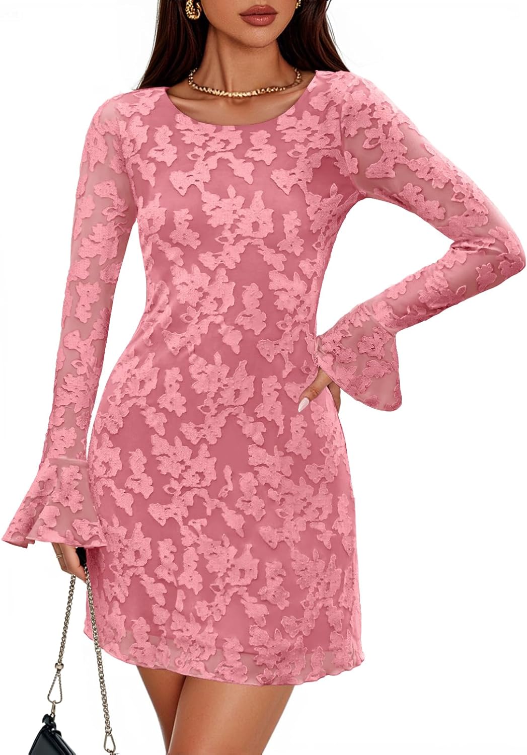 ZESICA Long Sleeve Mini Dresses for Women 2025 Floral Mesh Crewneck Bodycon Wedding Guests Cocktail Party Short Dress