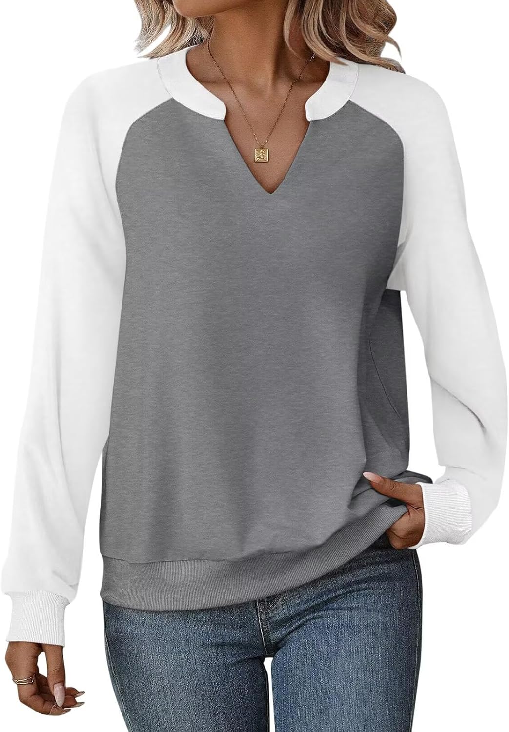 EADINVE Women Casual Long Sleeve V Neck Sweatshirts Cute Loose Fit Lightweight Pullover Tops