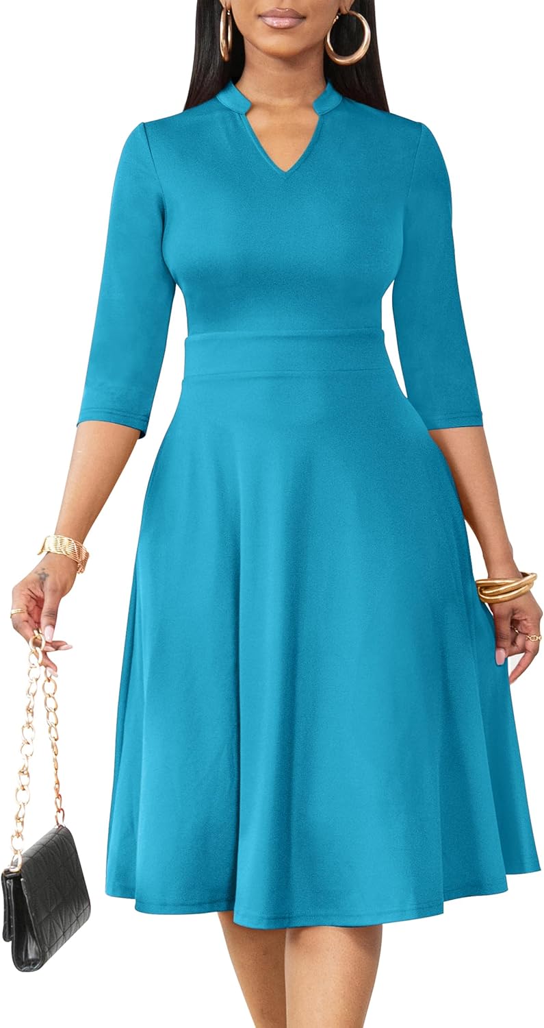 Nmoder Casual Dresses for Women Semi Formal Fit and Flare 3/4 Sleeve A-line Church Work Dress with Pockets