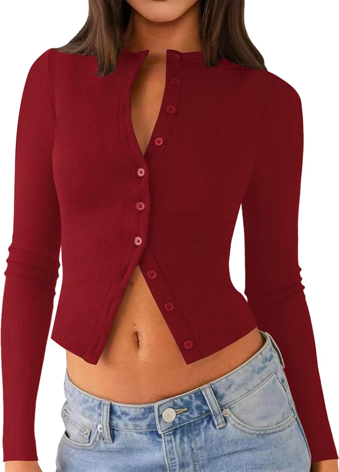 Womens Long Sleeve Tops Fall Lightweight Cardigan Cropped Going Out Shirts Ribbed Button Down Cute Trendy 2025
