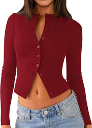 Womens Long Sleeve Tops Fall Lightweight Cardigan Cropped Going Out Shirts Ribbed Button Down Cute Trendy 2025
