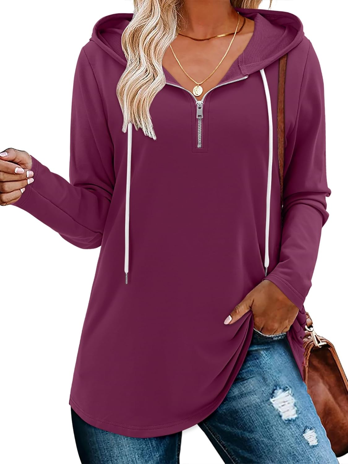 BETTE BOUTIK Womens Quarter Zip Tunic Hoodies Pullover Long Hooded Sweatshirts S-3XL