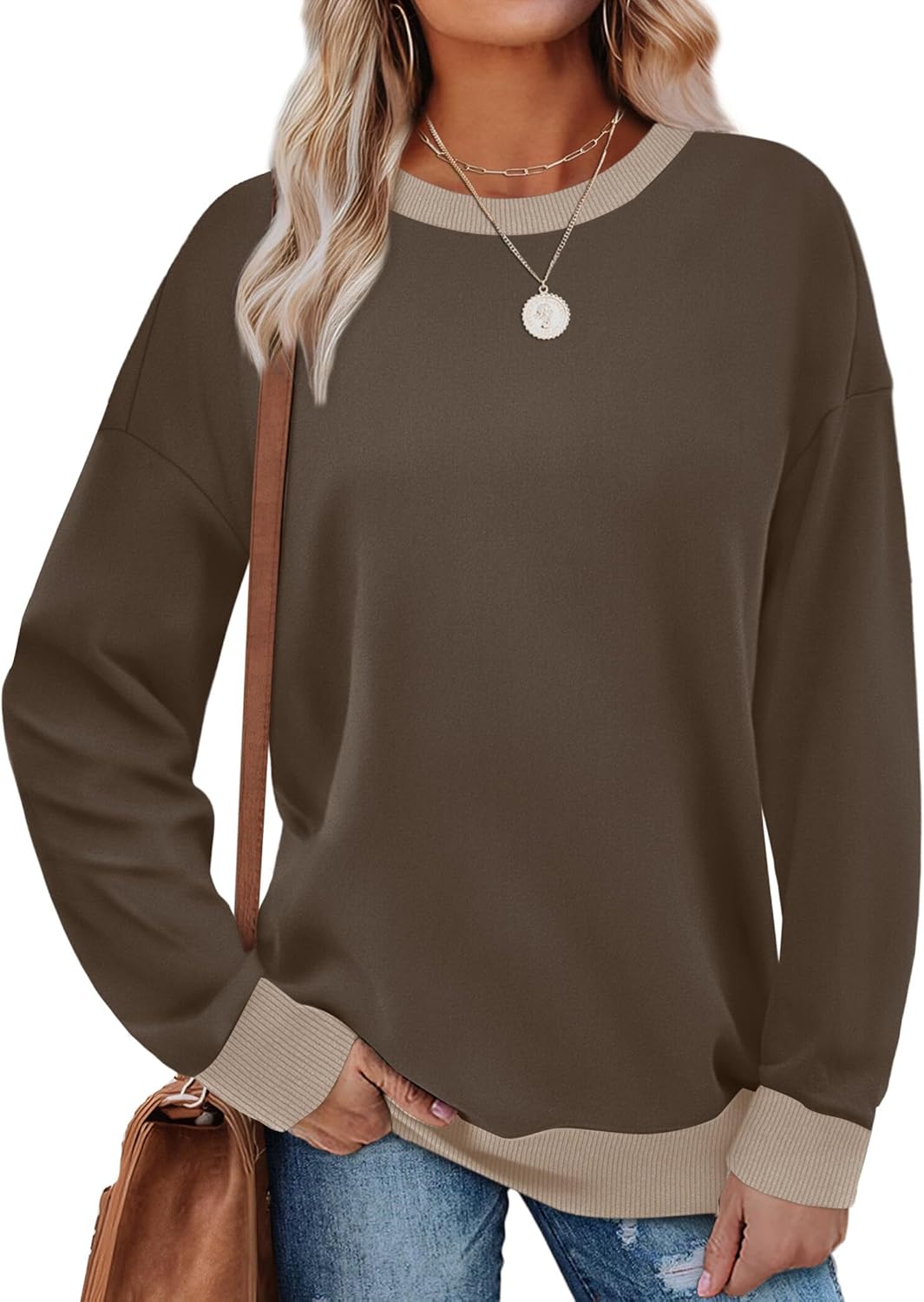 Saloogoe Sweatshirts for Women Crewneck Long Sleeve Loose Fit Tops Color Block Ribbed Trim Fashion 2025