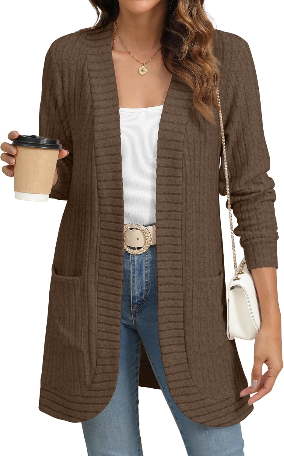 Women Long Sleeve Open Front Cardigan Casual Lightweight Long Cardigans Loose Knit Outwear with Pockets