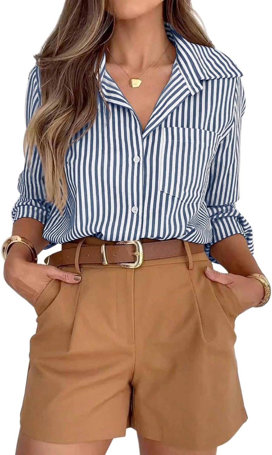 siliteelon Striped Button Down Shirts for Women Dress Shirts Long Sleeve Casual Collared Office Work Shirt with Pocket
