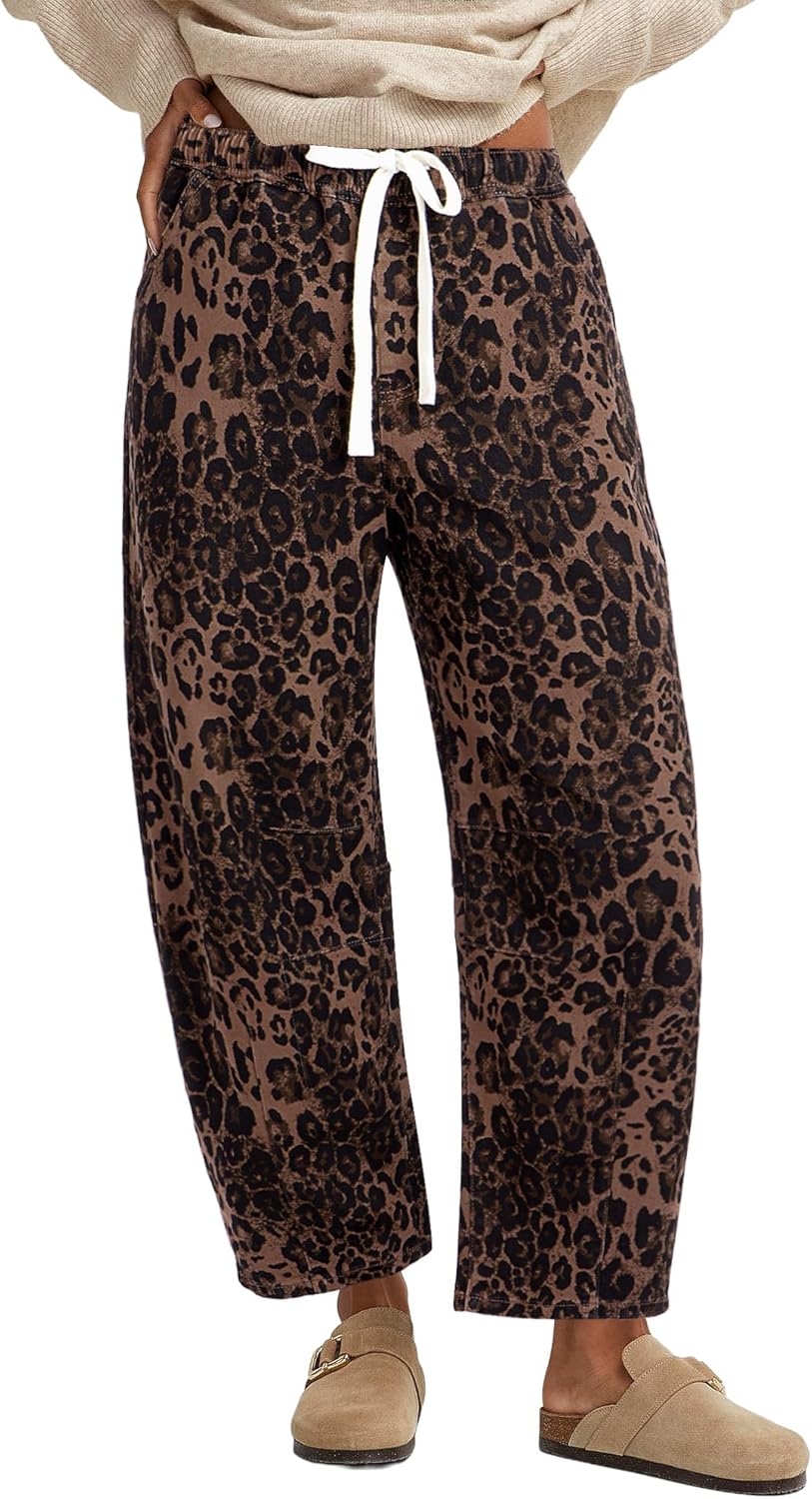 GRAPENT Barrel Jeans for Women Trendy High Waisted Pull On Wide Leg Cropped Leopard Cheetah Print Stretchy Denim Pants