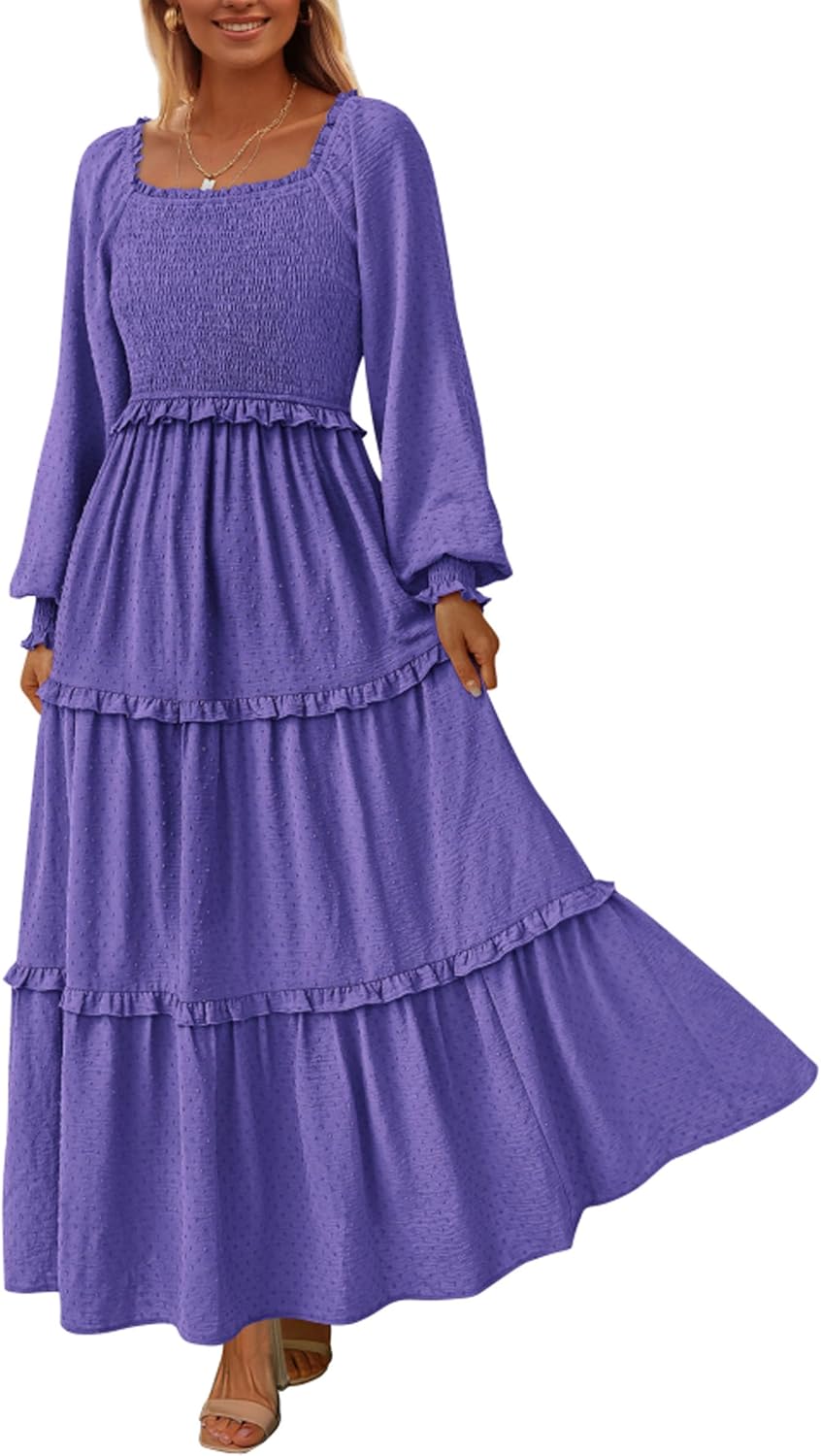PRETTYGARDEN Fall Dresses for Women 2025 Long Sleeve Smocked Square Neck Swiss Dot Tiered Flowy Wedding Guest Maxi Dress