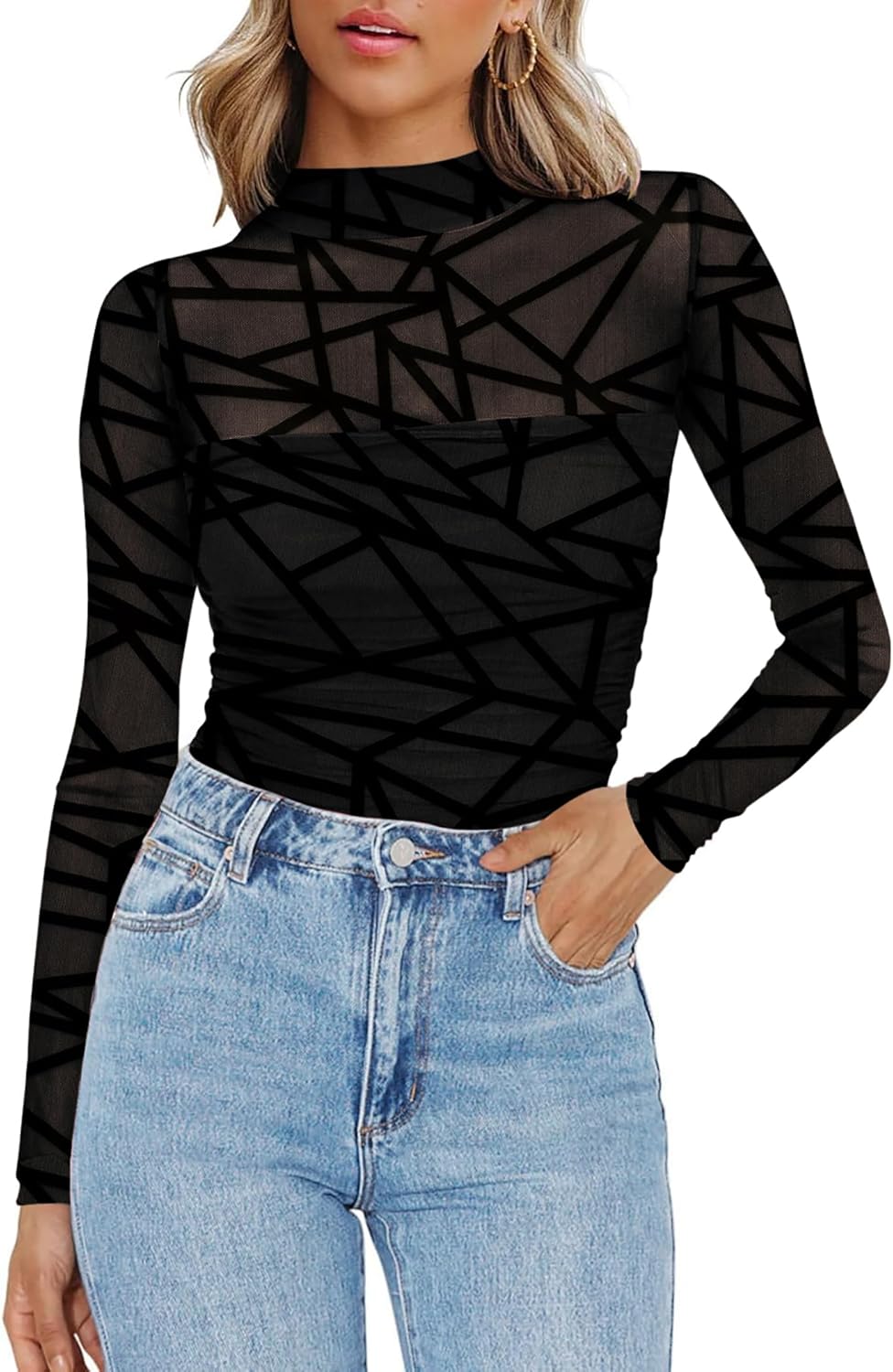 Zeagoo Womens Mesh Sheer Long Sleeve Top Mock Turtle Neck See Though Shirts Ruched Sexy Casual Going Out Blouses