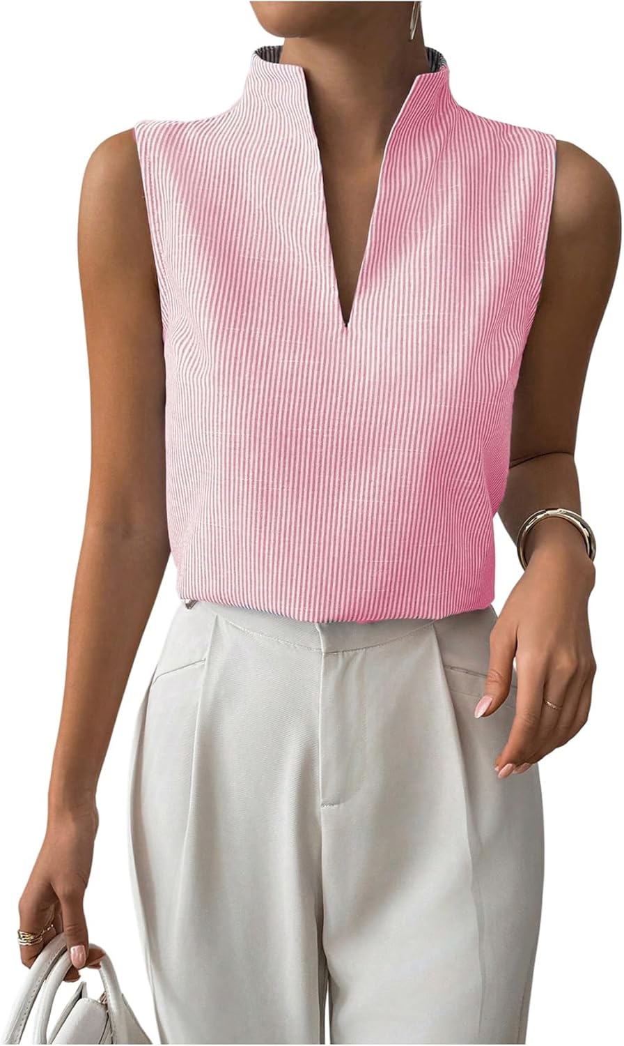 SOLY HUX Women's Work Outfits V Neck Sleeveless Blouses Summer Casual Tank Tops Business Office Dressy Striped Shirts