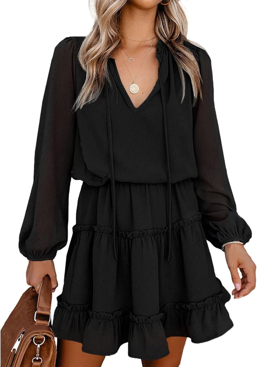 BTFBM Long Sleeve Fall Dresses for Women 2025 Summer Casual Tie Neck Ruffle Tiered A Line Wedding Guest Short Mini Dress