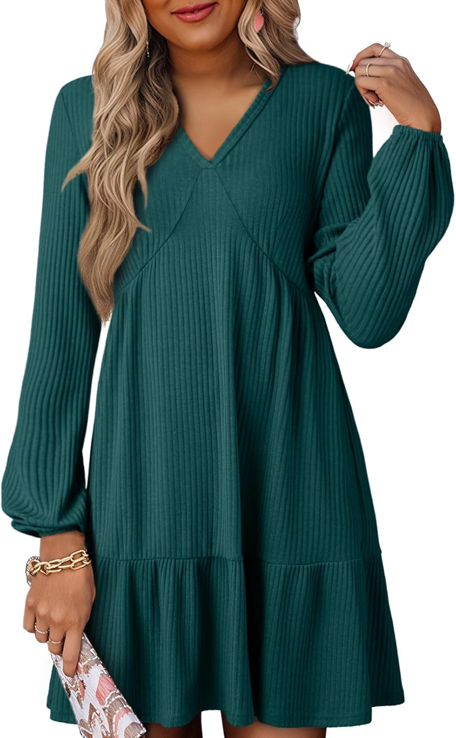 Dokotoo Fall Dresses for Women 2025 Long Sleeve V Neck Lightweight Ribbed Knit Empire Waist Casual A Line Swing Mini Dress