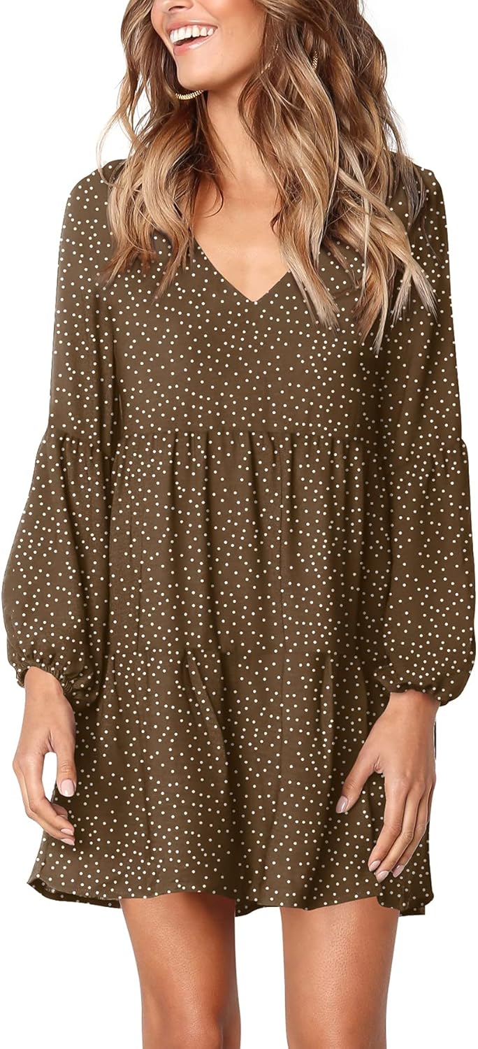 Amoretu Womens Tunic Dress Long Sleeve V Neck Casual Loose Flowy Swing Shift Dresses
