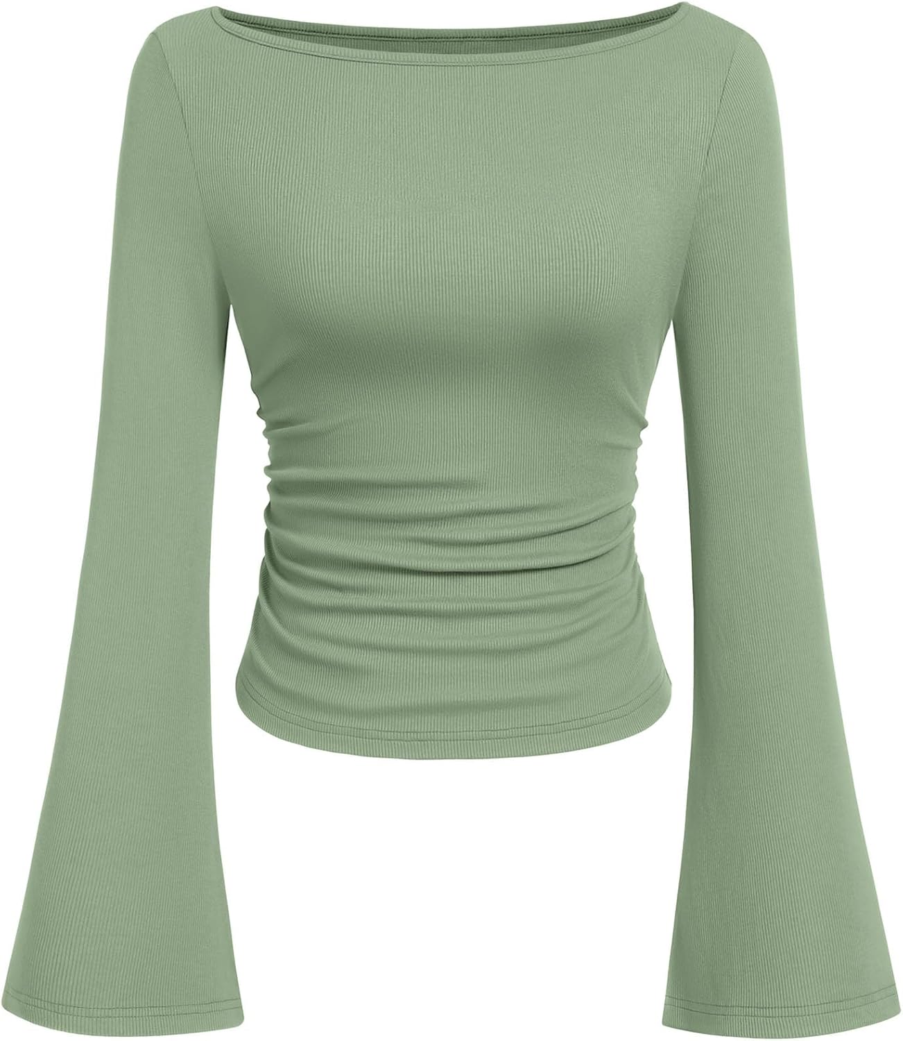 PRETTYGARDEN Women's Long Sleeve Shirts 2025 Fall Crop Going Out Tops Casual Boat Neck Bell Sleeve Ribbed Ruched Y2K Clothes