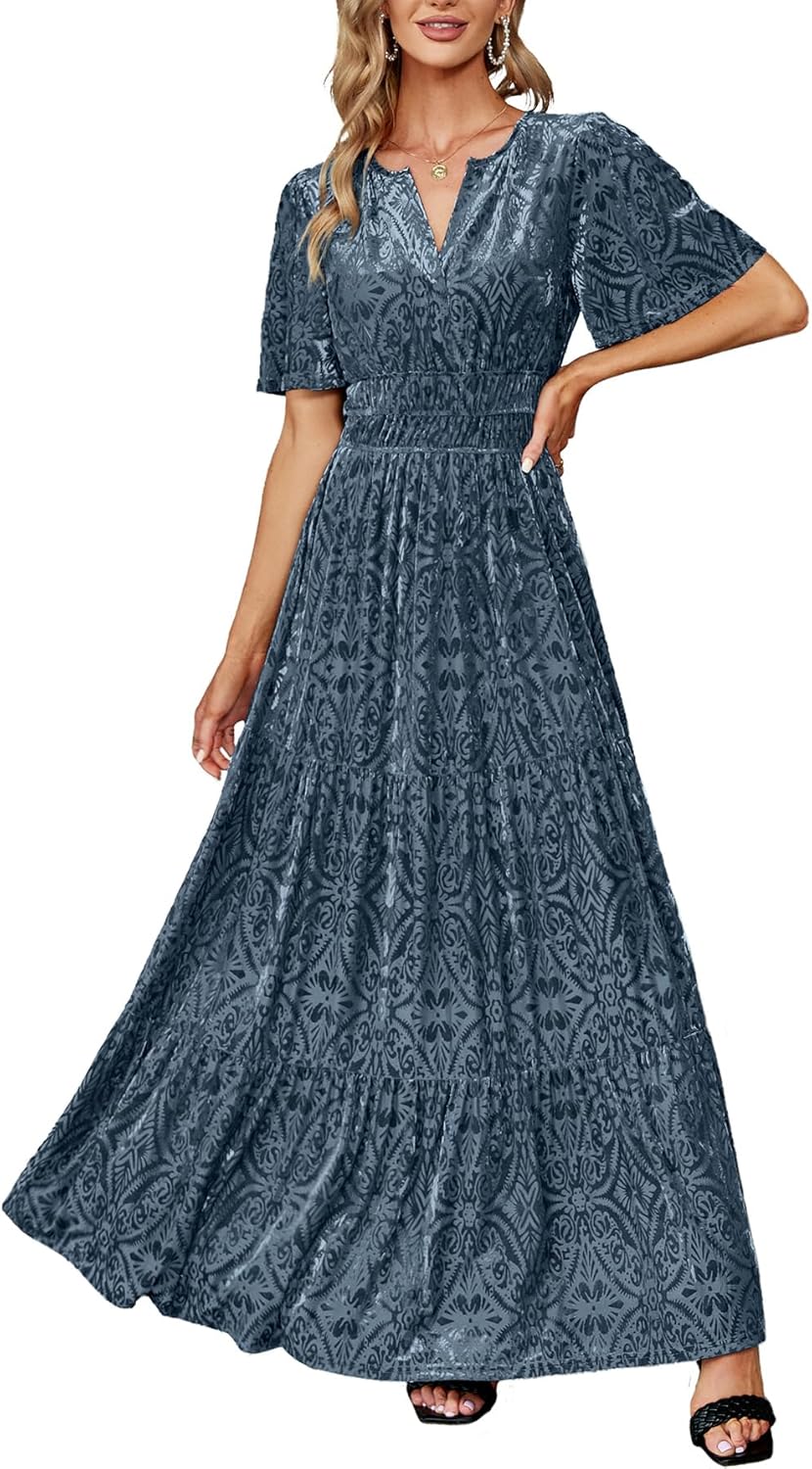 Amegoya Women's Velvet Short Sleeve V Neck Formal Wedding Guest Maxi Dresses Fall Evening Party Long Dresses
