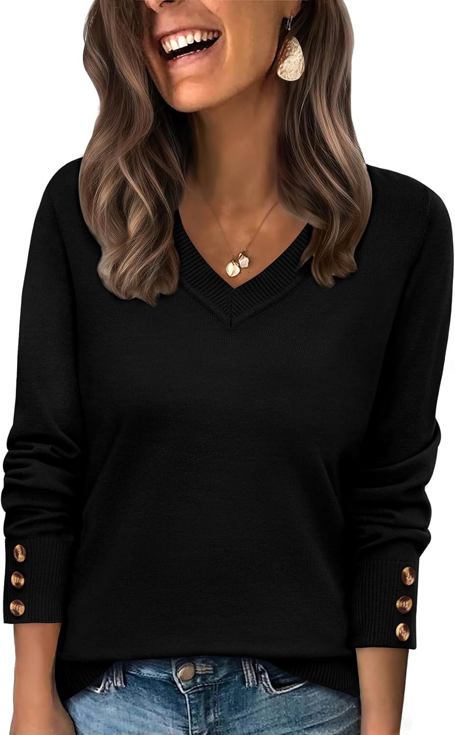 WIHOLL Lightweight Sweaters for Women Long Sleeve V Neck Knit Outfits with Decorative Buttons