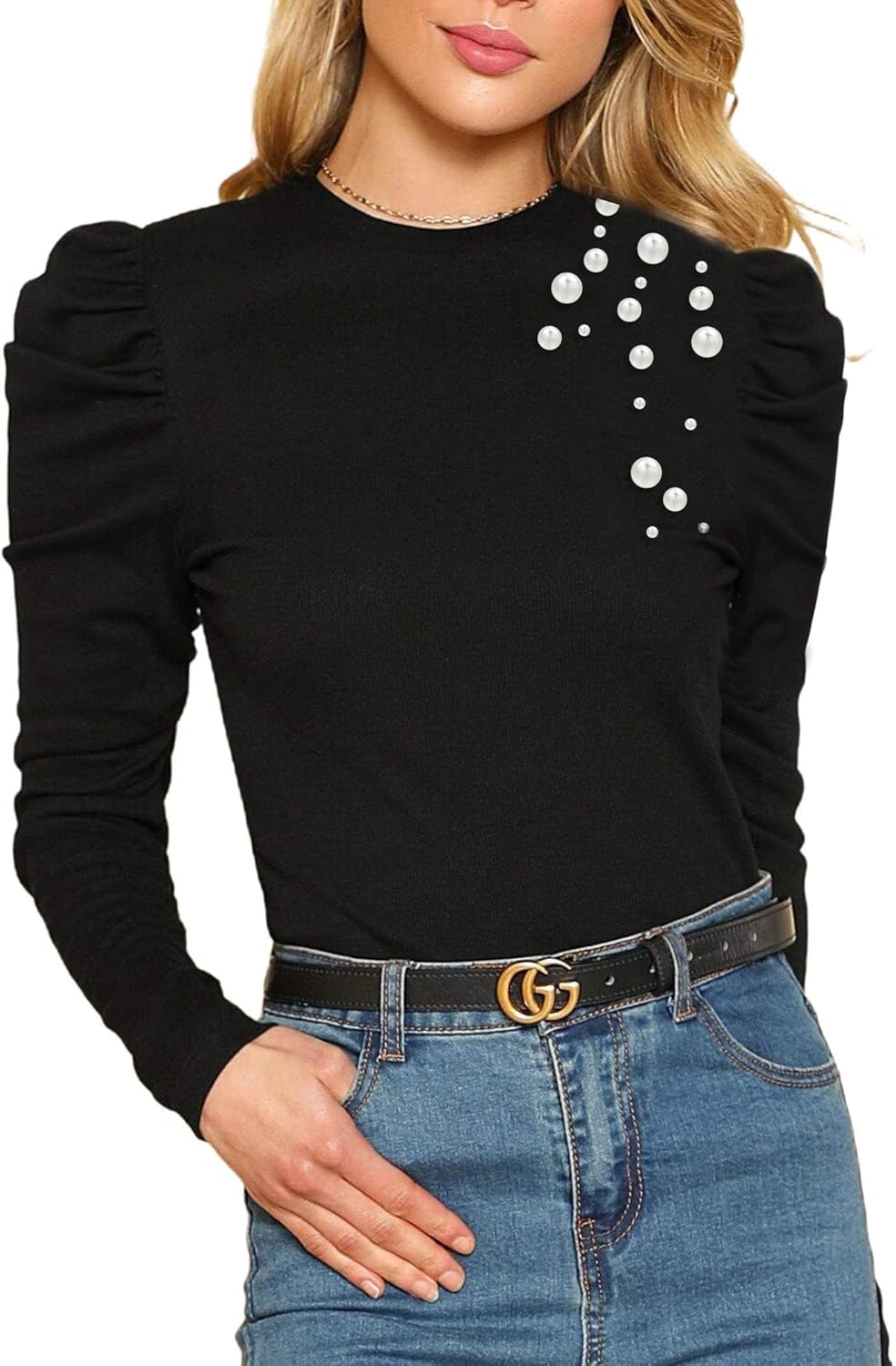 Remidoo Women's Solid Round Neck Puff Long Sleeve Slim Fit T Shirt Tops