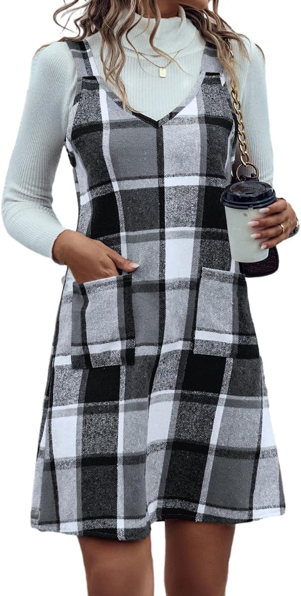 IDEALSANXUN Plaid Overall Dress for Women Fall Winter Sleeveless Plaid Dresses with Pockets