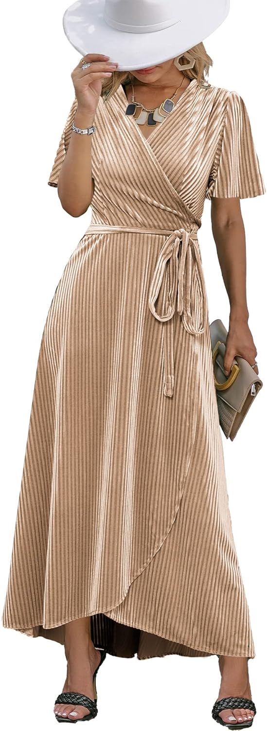 BerryGo Women's Velvet V Neck Wrap Semi Formal Dress Cocktail Party Maxi Dress for Wedding Guest