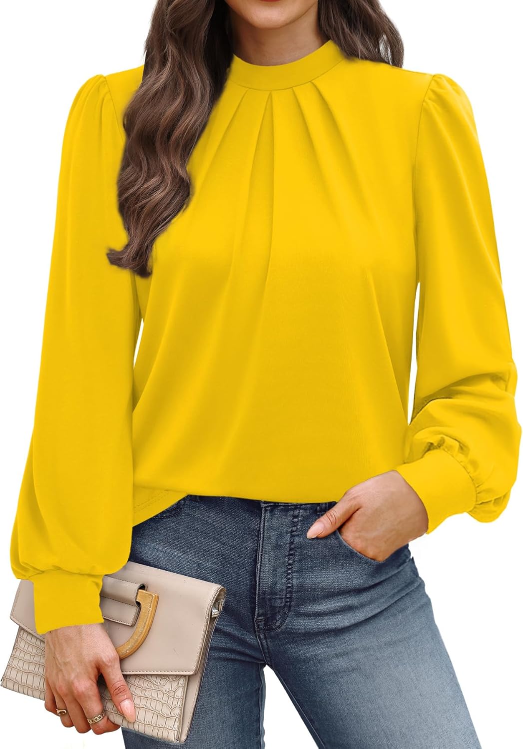 WIHOLL Long Sleeve Shirts for Women Mock Neck Tops Pleated Front Blouses Dressy Casual Fall Clothes 2025 Fashion