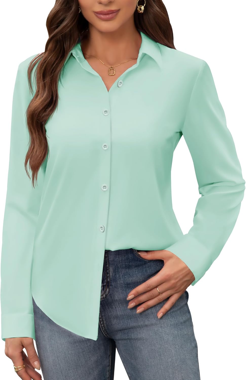 siliteelon Women's Stain Shield Dress Shirts Wrinkle Free Long Sleeve Shirts Solid Work Business Button Down Shirts